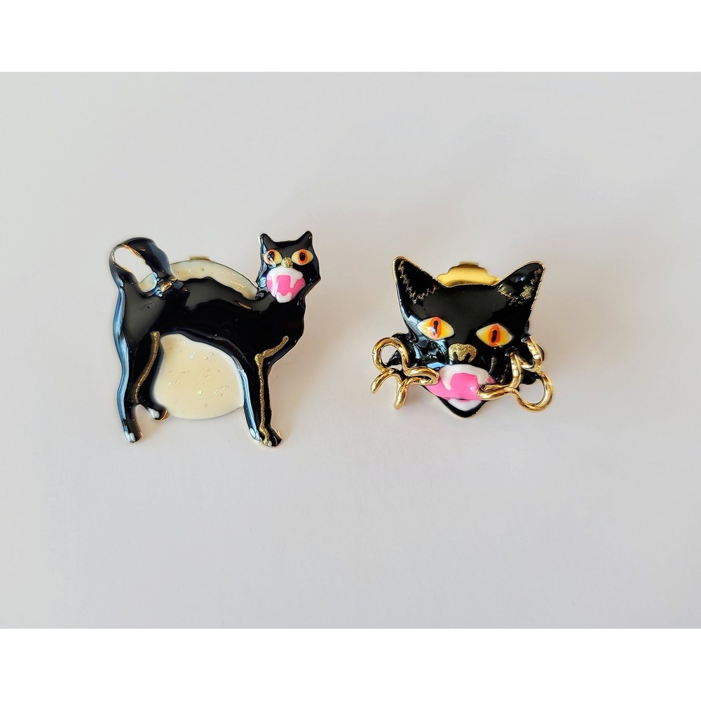 Vintage Black‎ Cat Enamel Brooch Pin Set Halloween lunch at the ritz